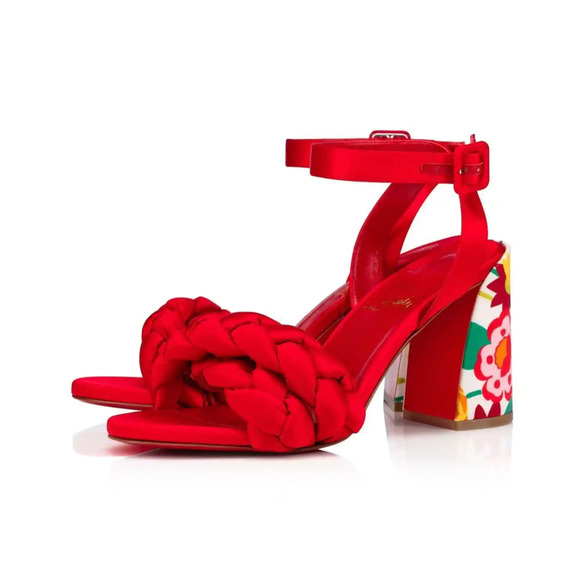 Christian Louboutin Brio 85 Red Floral Ankle Strap Sandal Block Heel Pump 37 - Picture 1 of 12